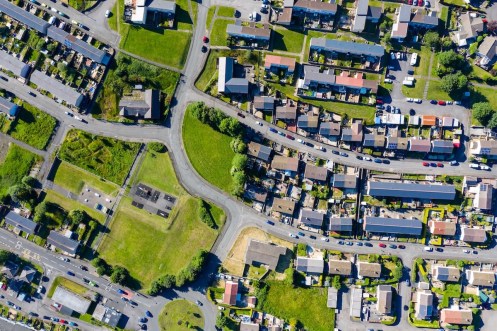 Aerial view of streets and houses in the Welsh town of Ebbw Vale (UK)