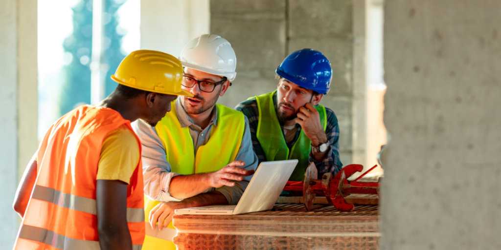 Three construction workers wearing hard hats and high-visibility vests reviewing plans on a laptop at a building site.