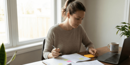 Woman at desk with pen working with notepad and laptop