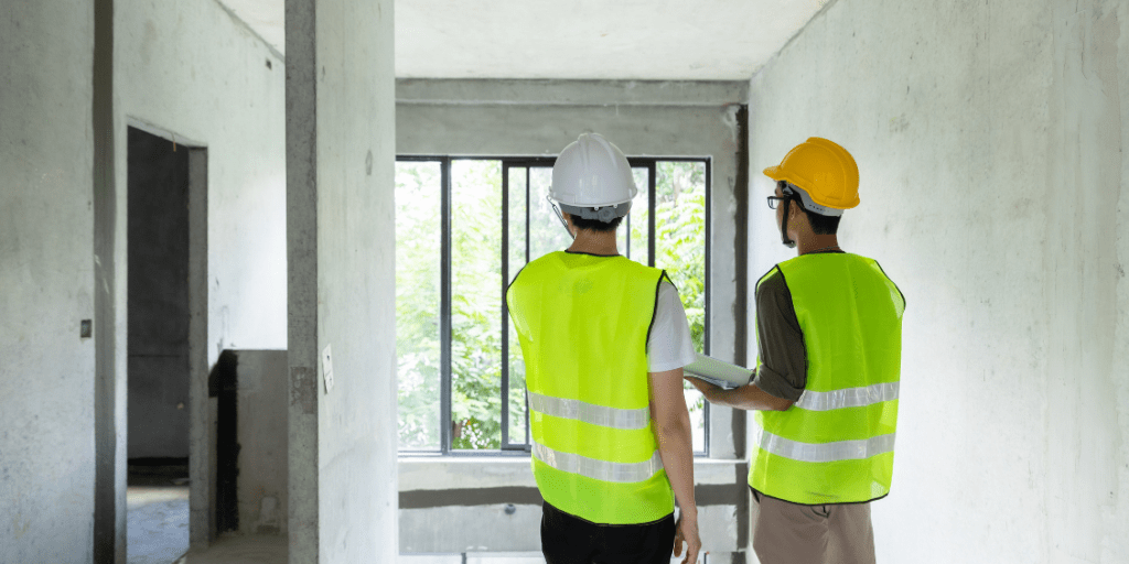 Two construction professionals in high-visibility clothing inspecting concrete building foundations and structural elements from inside a construction site.