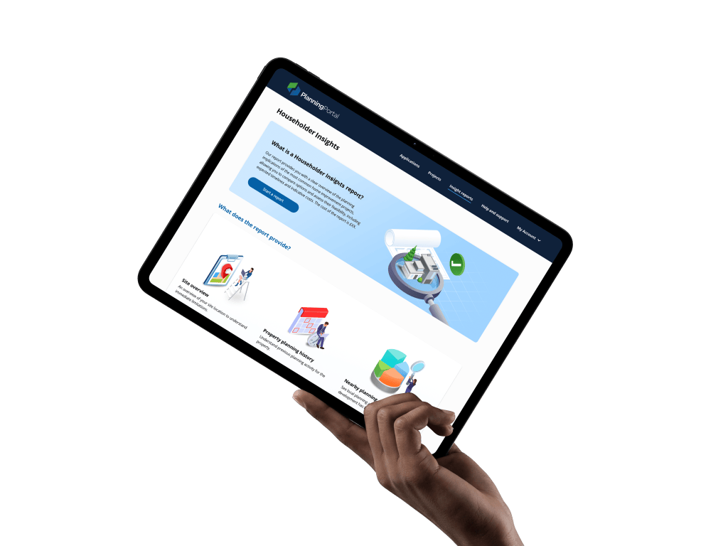 A person holds an iPad up toward the light, with the Planning Portal Householder Insights tool clearly visible on the screen.