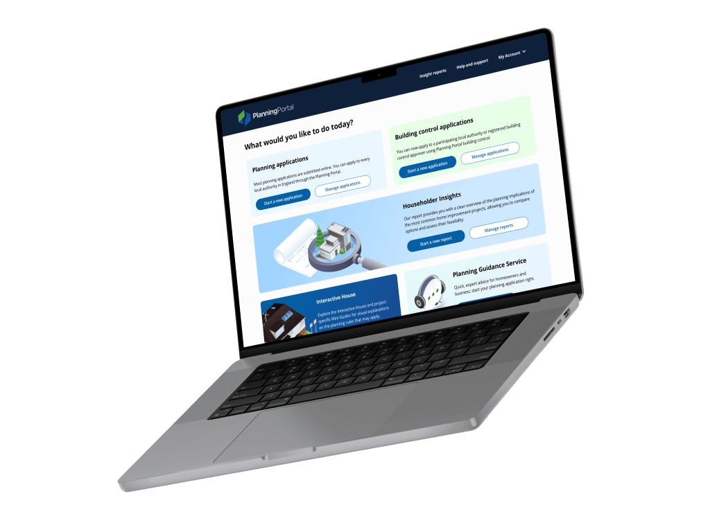A Planning Portal home screen displays the prompt “What would you like to do today?” with options for Planning, Building Control, and Householder Insights.
