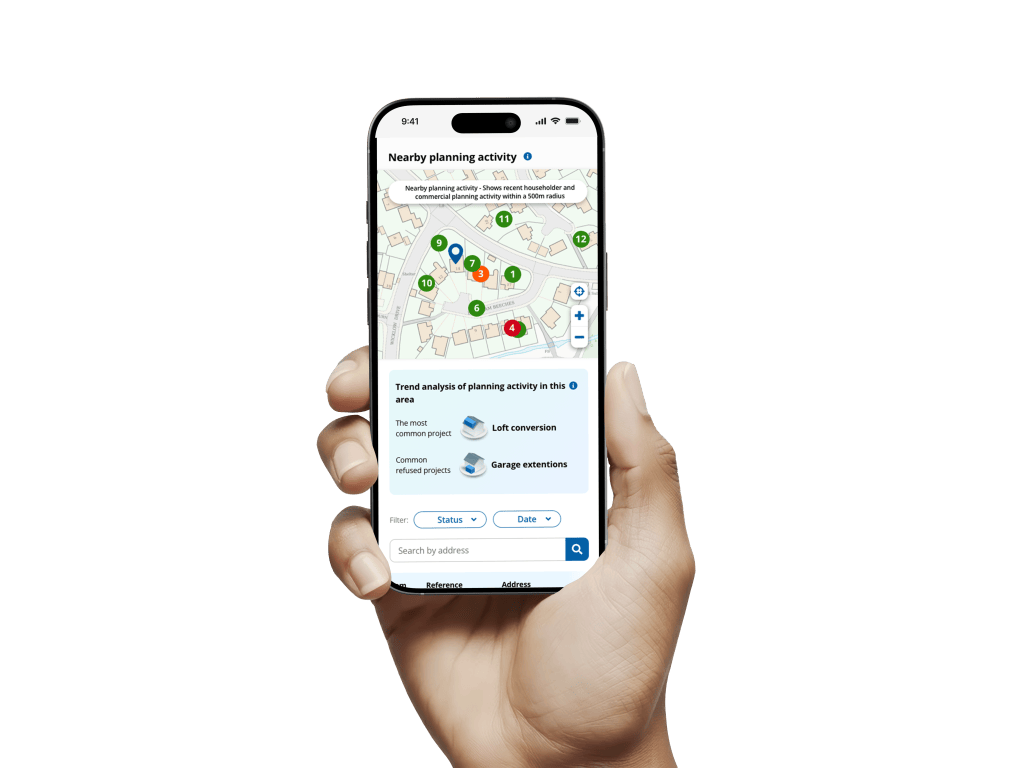 Smartphone displaying a planning portal map of nearby planning activity and local planning information