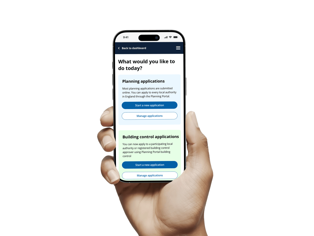 Smartphone displaying Planning Portal with options to start and manage planning and Building control applications