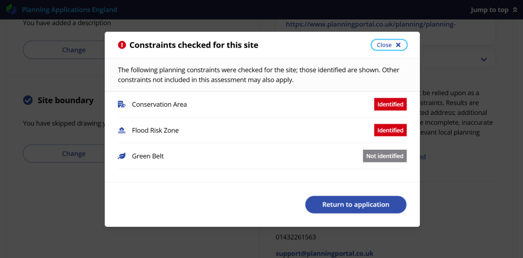 A computer screen displays the Planning Portal Constraints Checker, showing planning constraints information for a property.