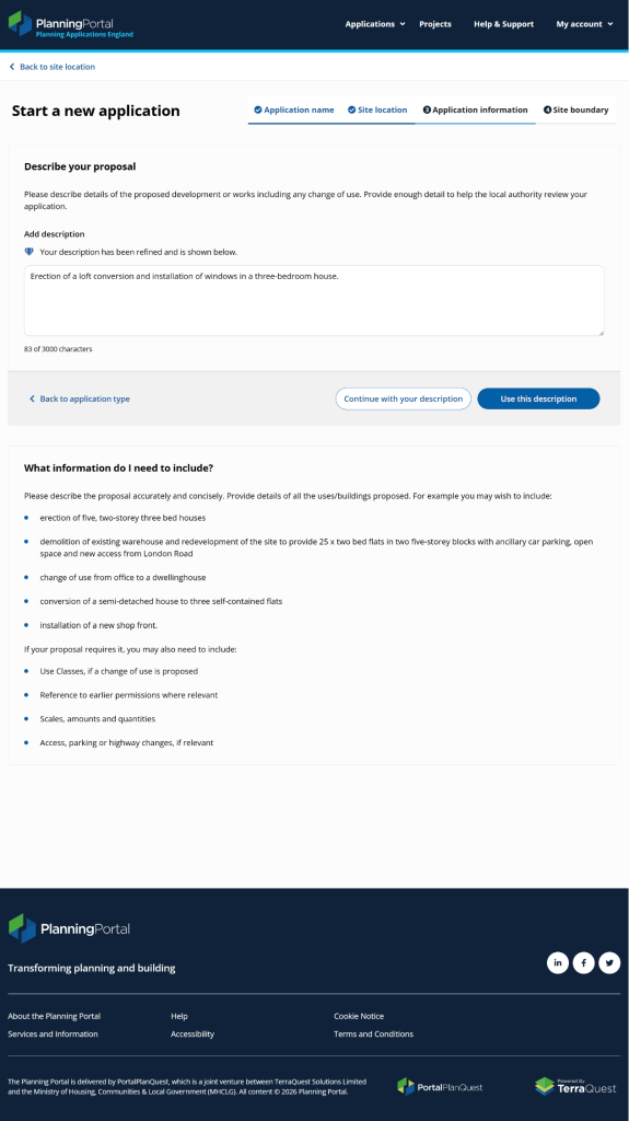 A computer screen displays the Planning Portal “Start a New Planning Application”, guiding the user through the initial steps of checking requirements for a new planning application.