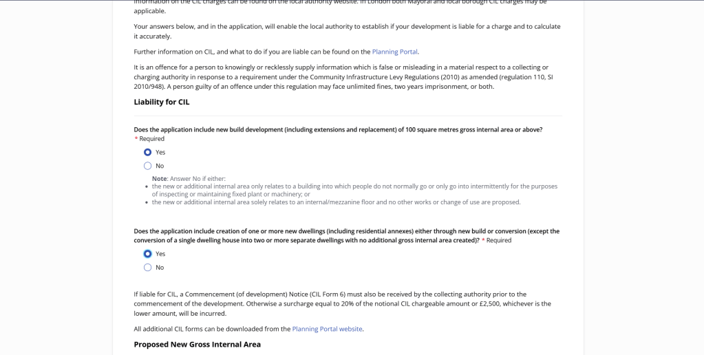 Image screenshot of planning portal application form showing questions about information required for an application
