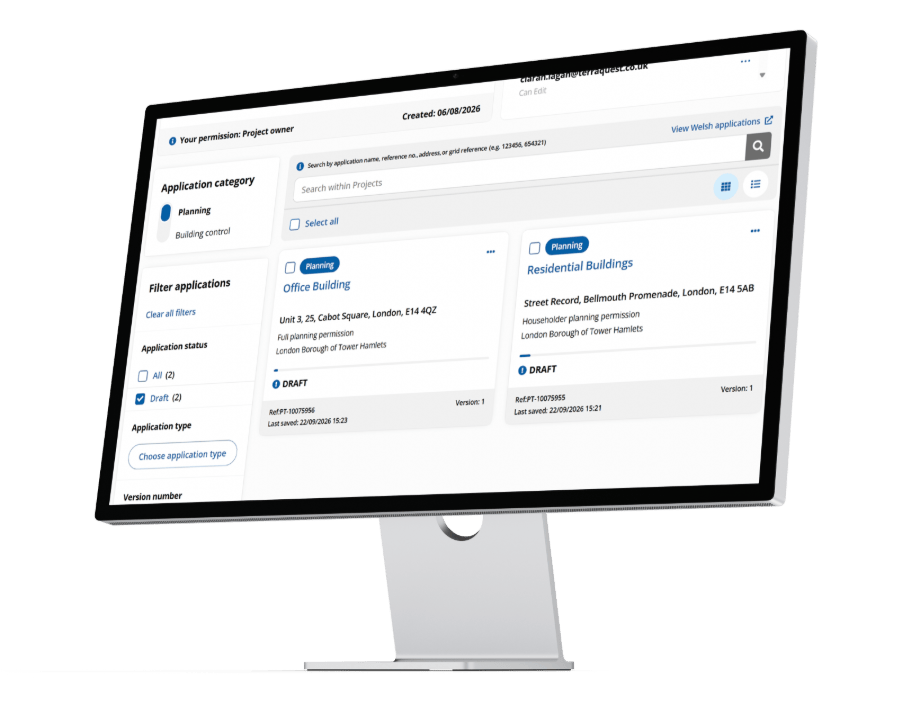 Desktop monitor displaying the Planning Portal Projects dashboard, with planning applications listed and filters for application category, status and type.