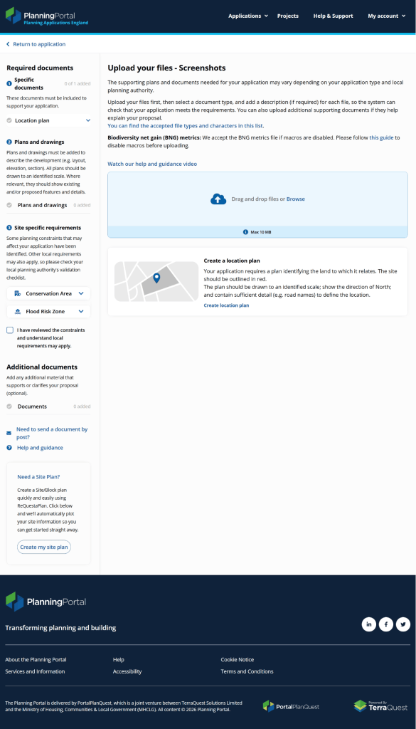 Planning portal supporting document section showing how applicants can upload and manage files for an application